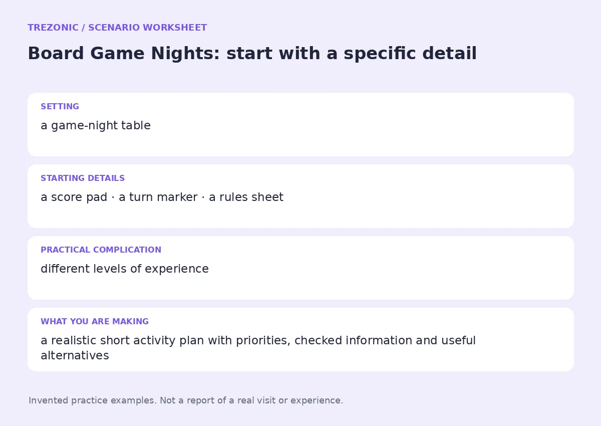Practice worksheet for Board Game Nights: setting, starting details, complication and goal