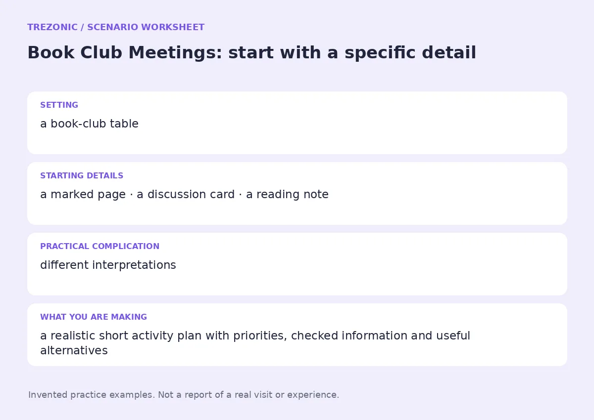 Practice worksheet for Book Club Meetings: setting, starting details, complication and goal