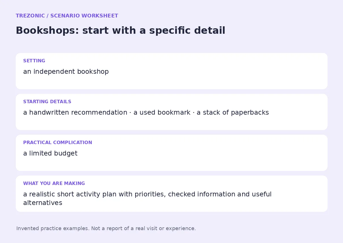 Practice worksheet for Bookshops: setting, starting details, complication and goal
