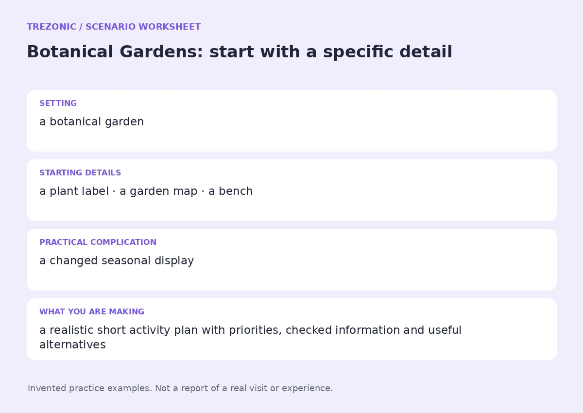 Practice worksheet for Botanical Gardens: setting, starting details, complication and goal