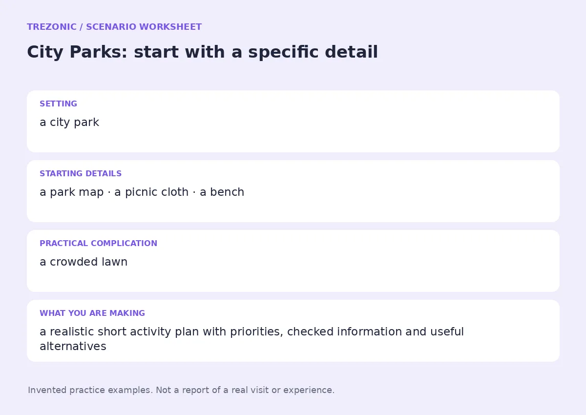 Practice worksheet for City Parks: setting, starting details, complication and goal