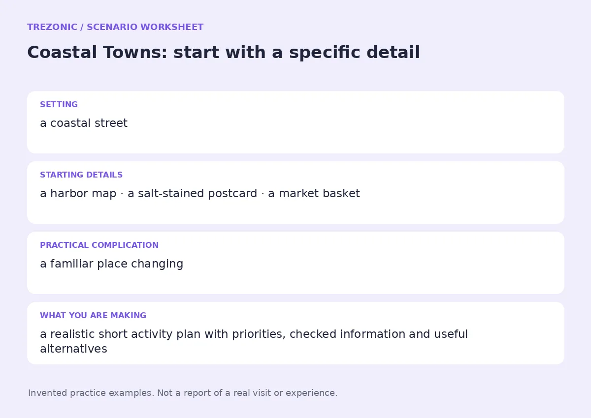 Practice worksheet for Coastal Towns: setting, starting details, complication and goal