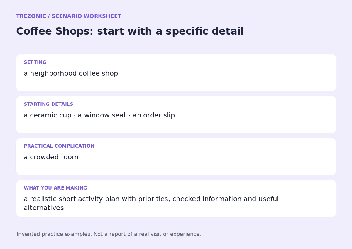 Practice worksheet for Coffee Shops: setting, starting details, complication and goal
