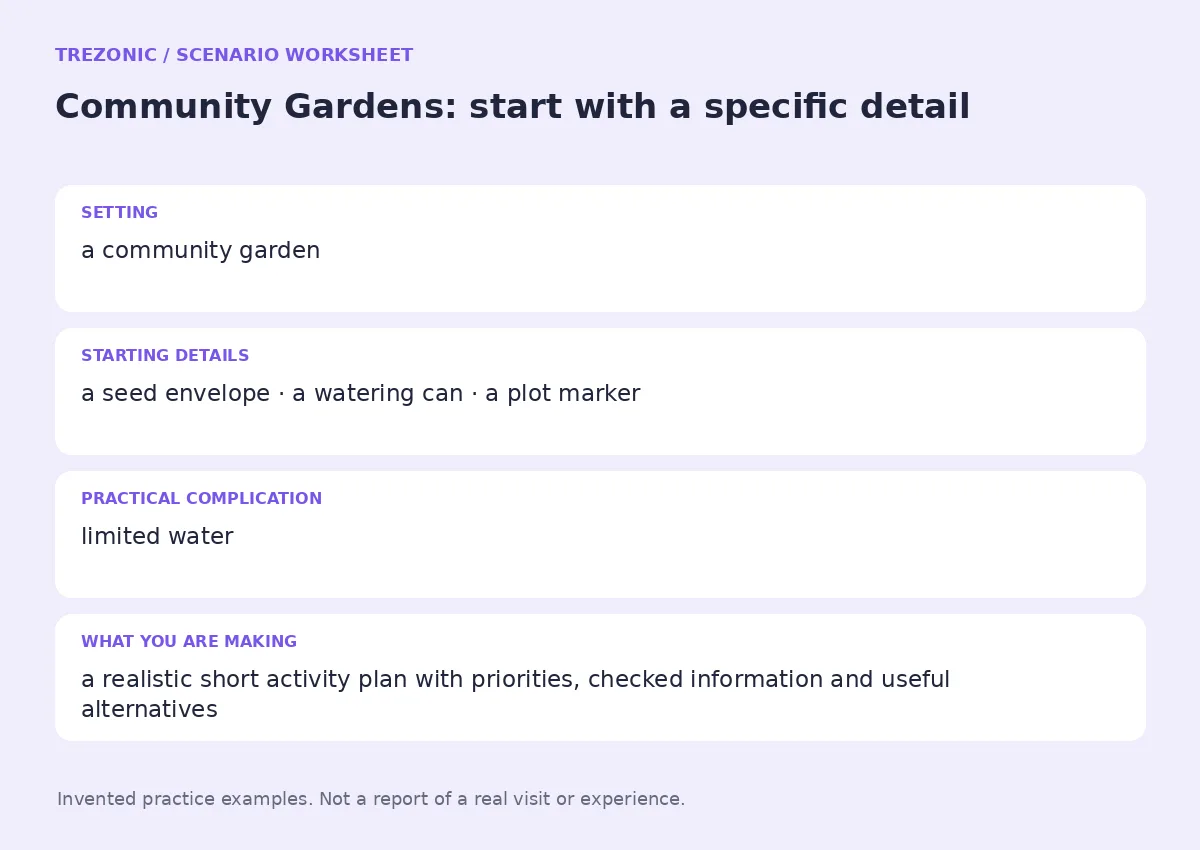Practice worksheet for Community Gardens: setting, starting details, complication and goal