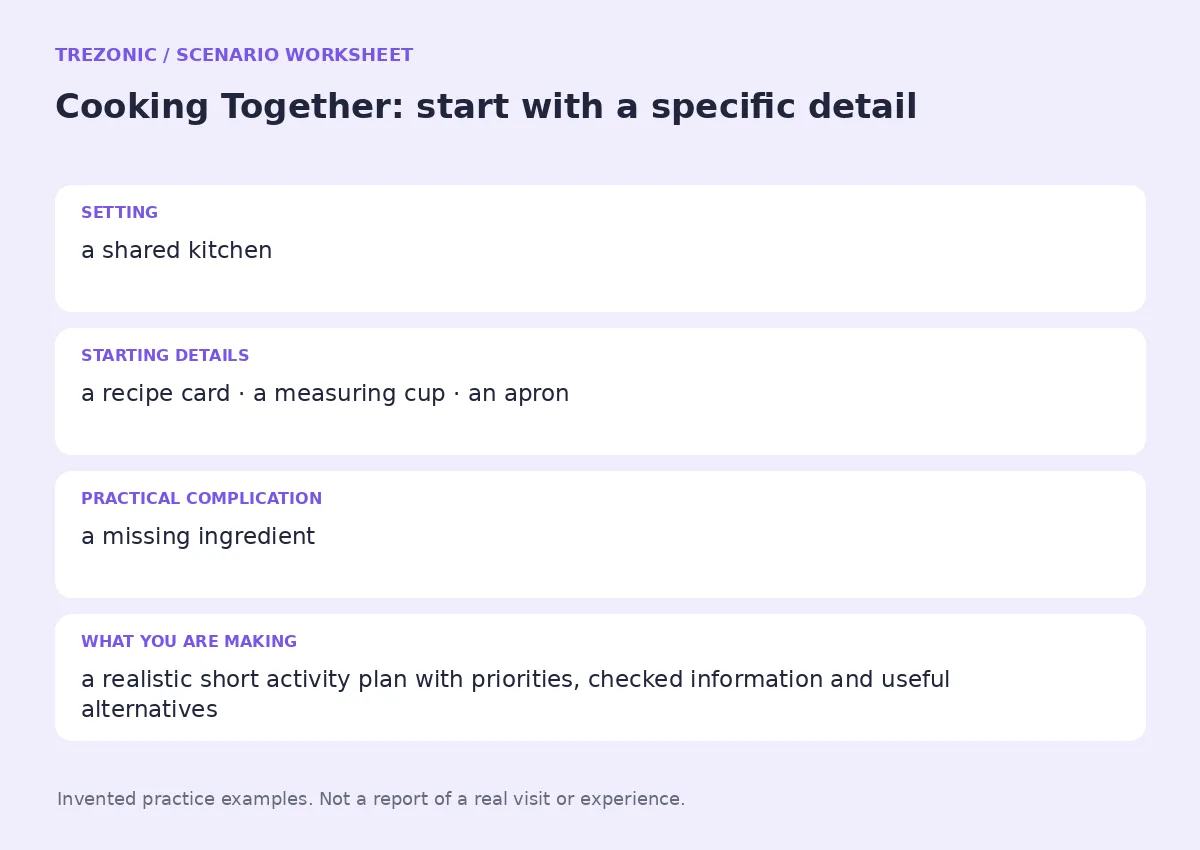 Practice worksheet for Cooking Together: setting, starting details, complication and goal