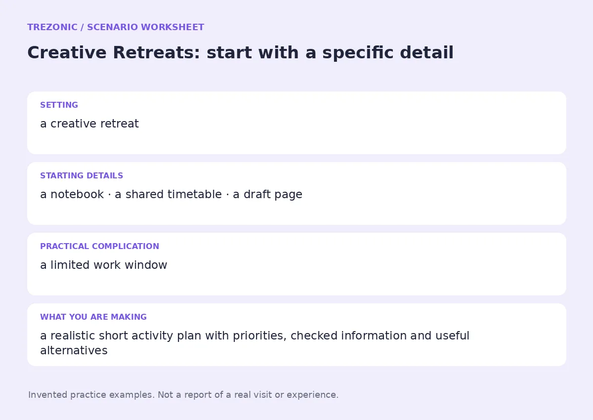 Practice worksheet for Creative Retreats: setting, starting details, complication and goal
