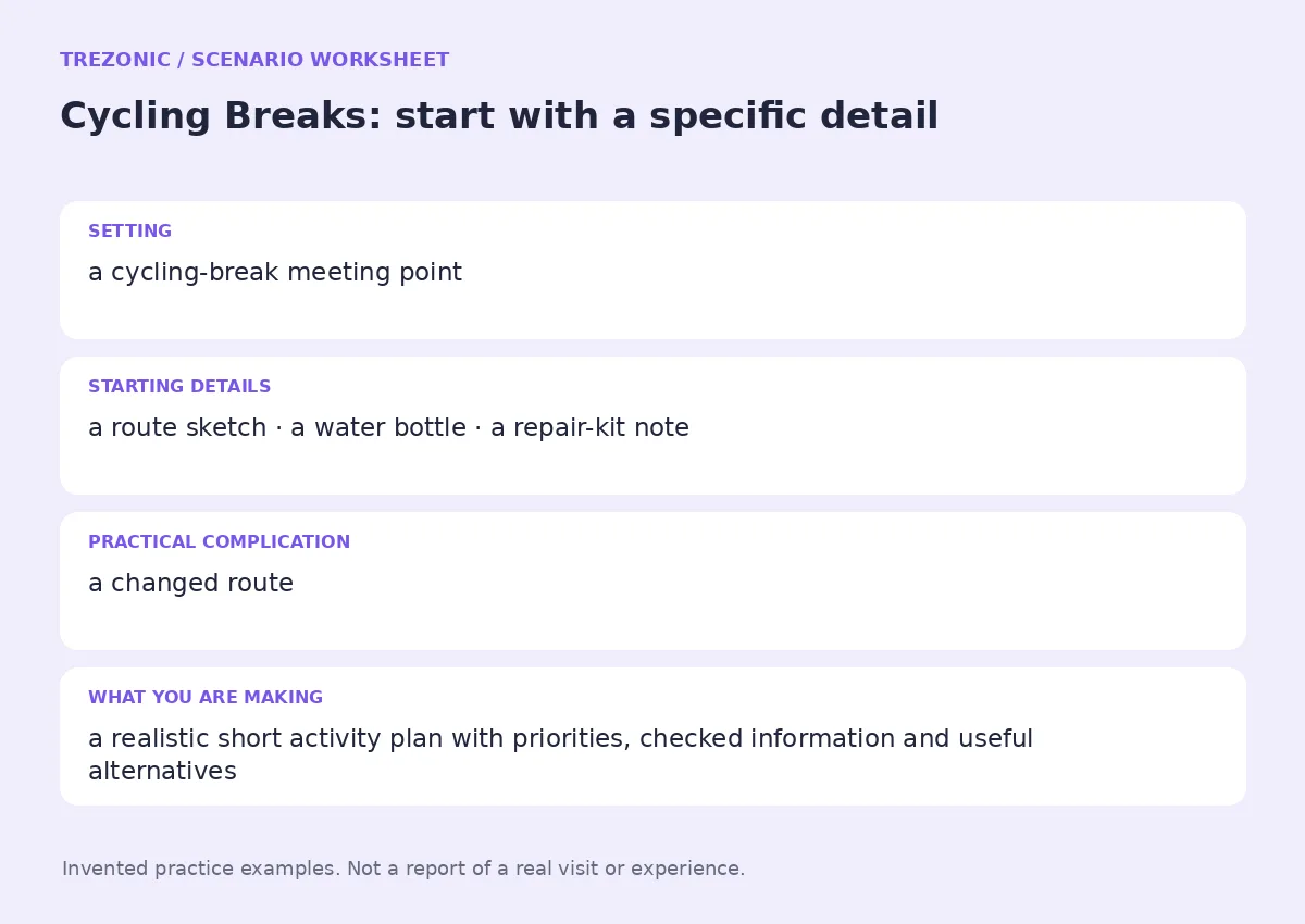 Practice worksheet for Cycling Breaks: setting, starting details, complication and goal