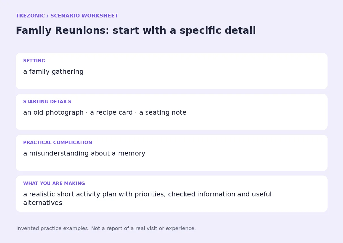 Practice worksheet for Family Reunions: setting, starting details, complication and goal