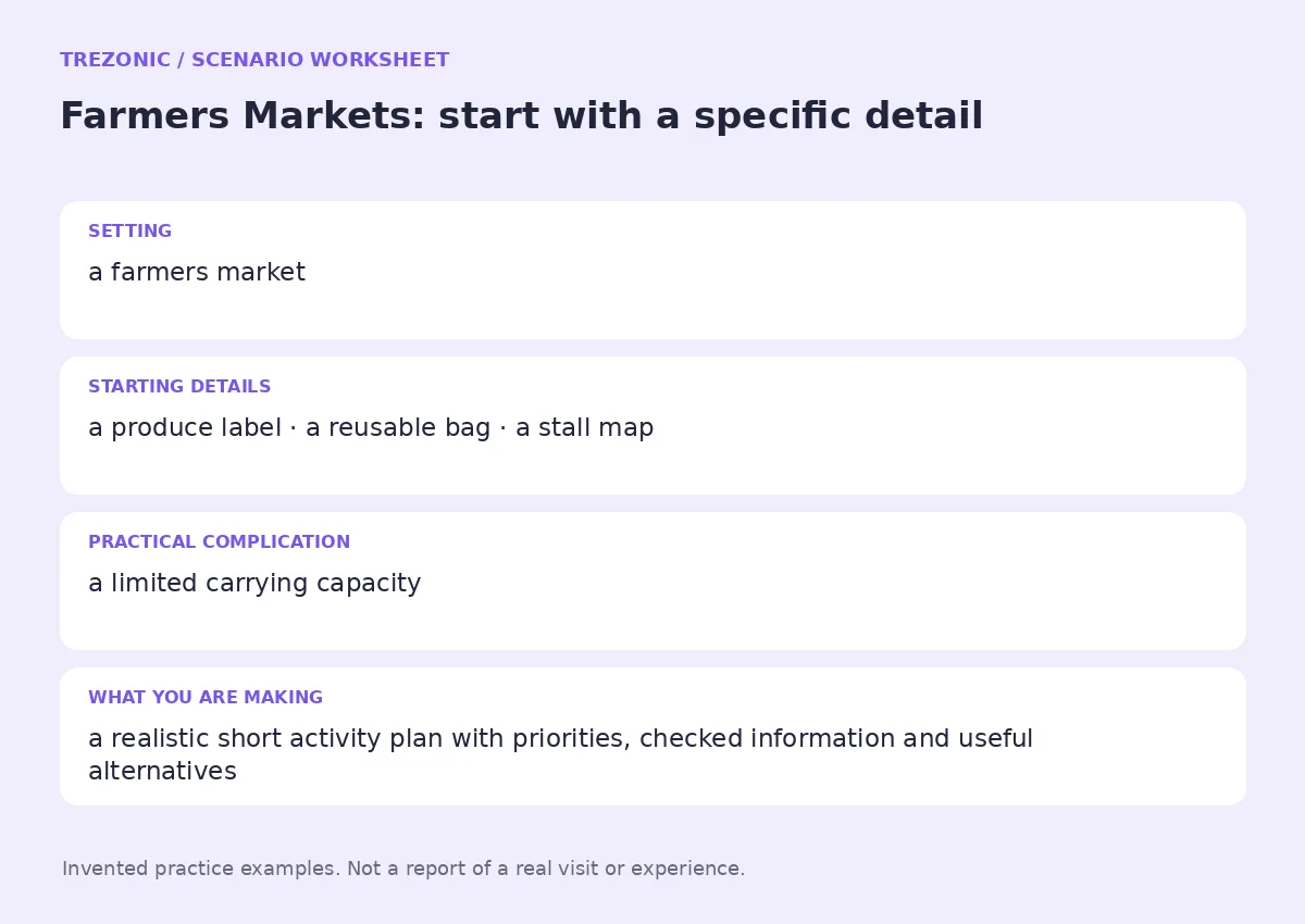 Practice worksheet for Farmers Markets: setting, starting details, complication and goal