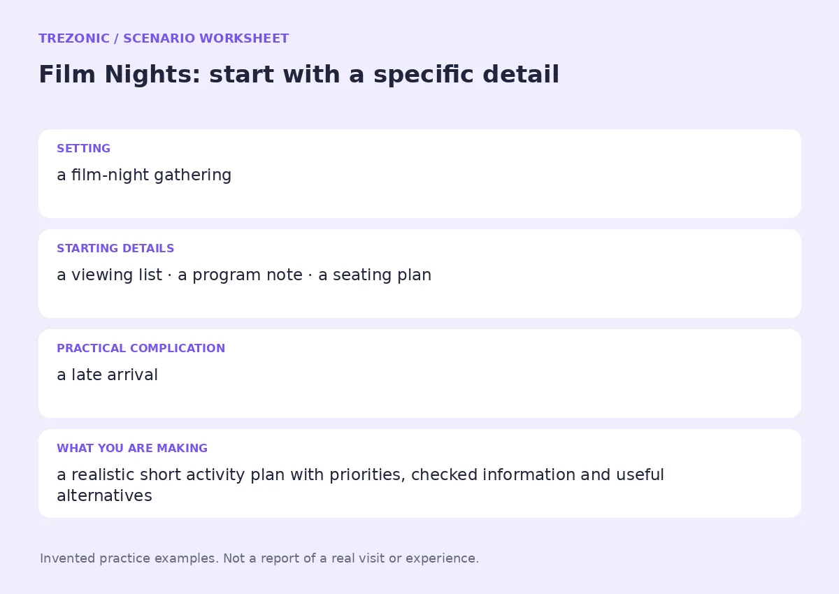 Practice worksheet for Film Nights: setting, starting details, complication and goal