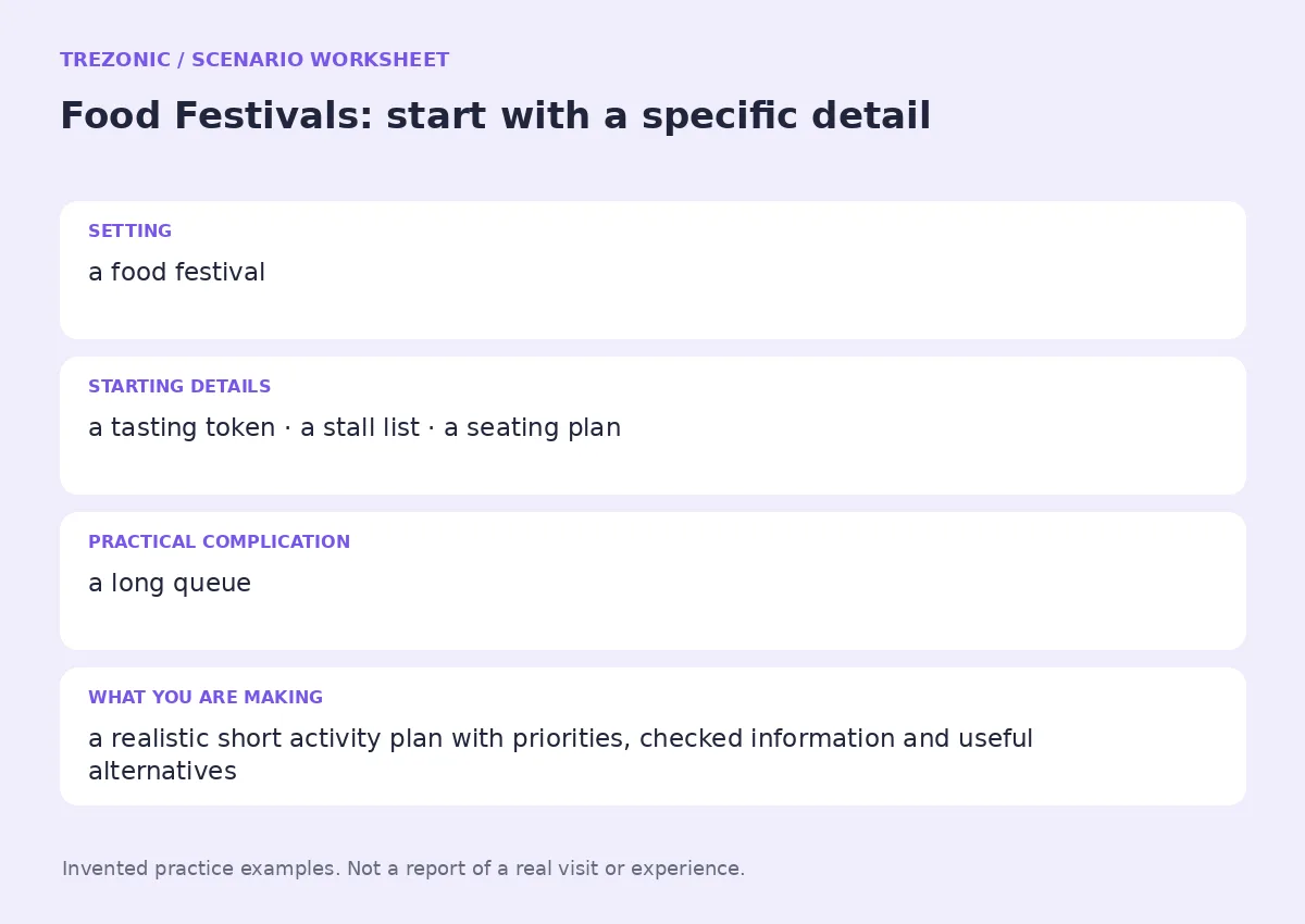 Practice worksheet for Food Festivals: setting, starting details, complication and goal