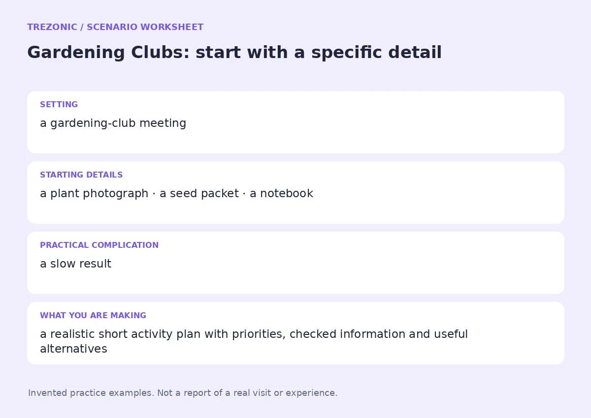 Practice worksheet for Gardening Clubs: setting, starting details, complication and goal