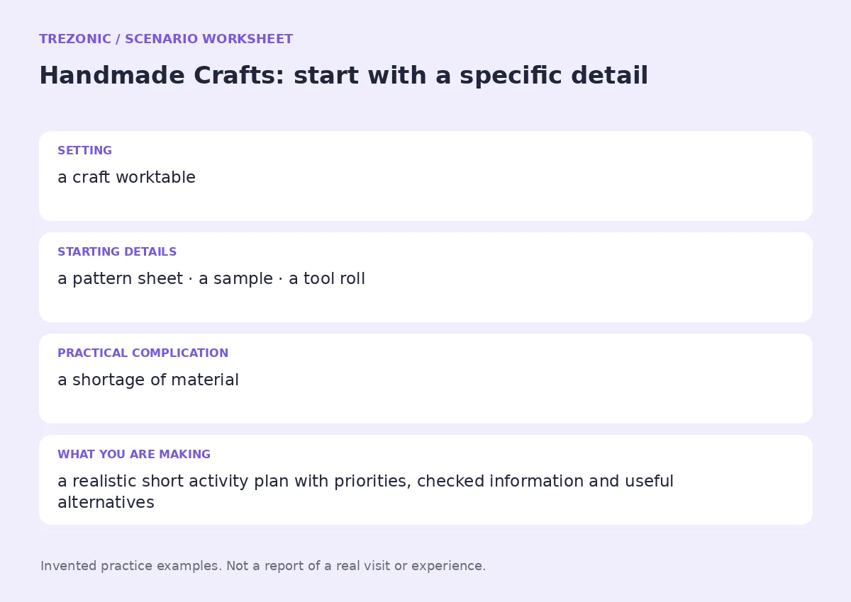 Practice worksheet for Handmade Crafts: setting, starting details, complication and goal