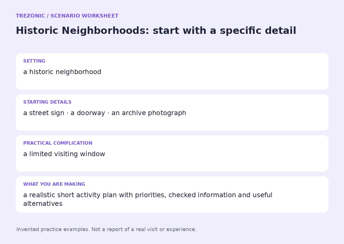 Practice worksheet for Historic Neighborhoods: setting, starting details, complication and goal