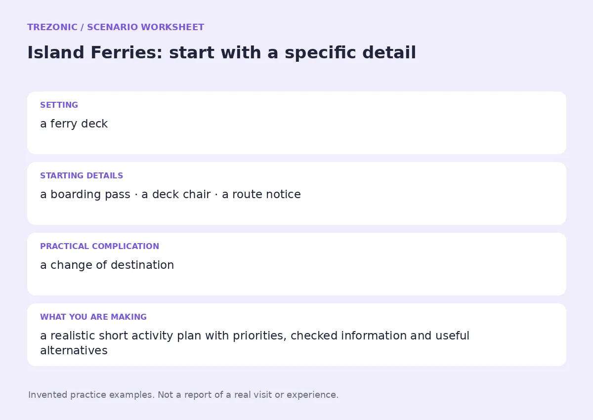 Practice worksheet for Island Ferries: setting, starting details, complication and goal