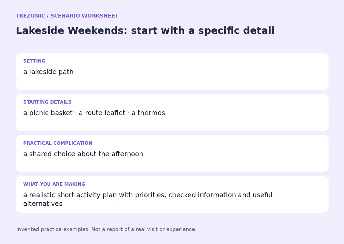Practice worksheet for Lakeside Weekends: setting, starting details, complication and goal