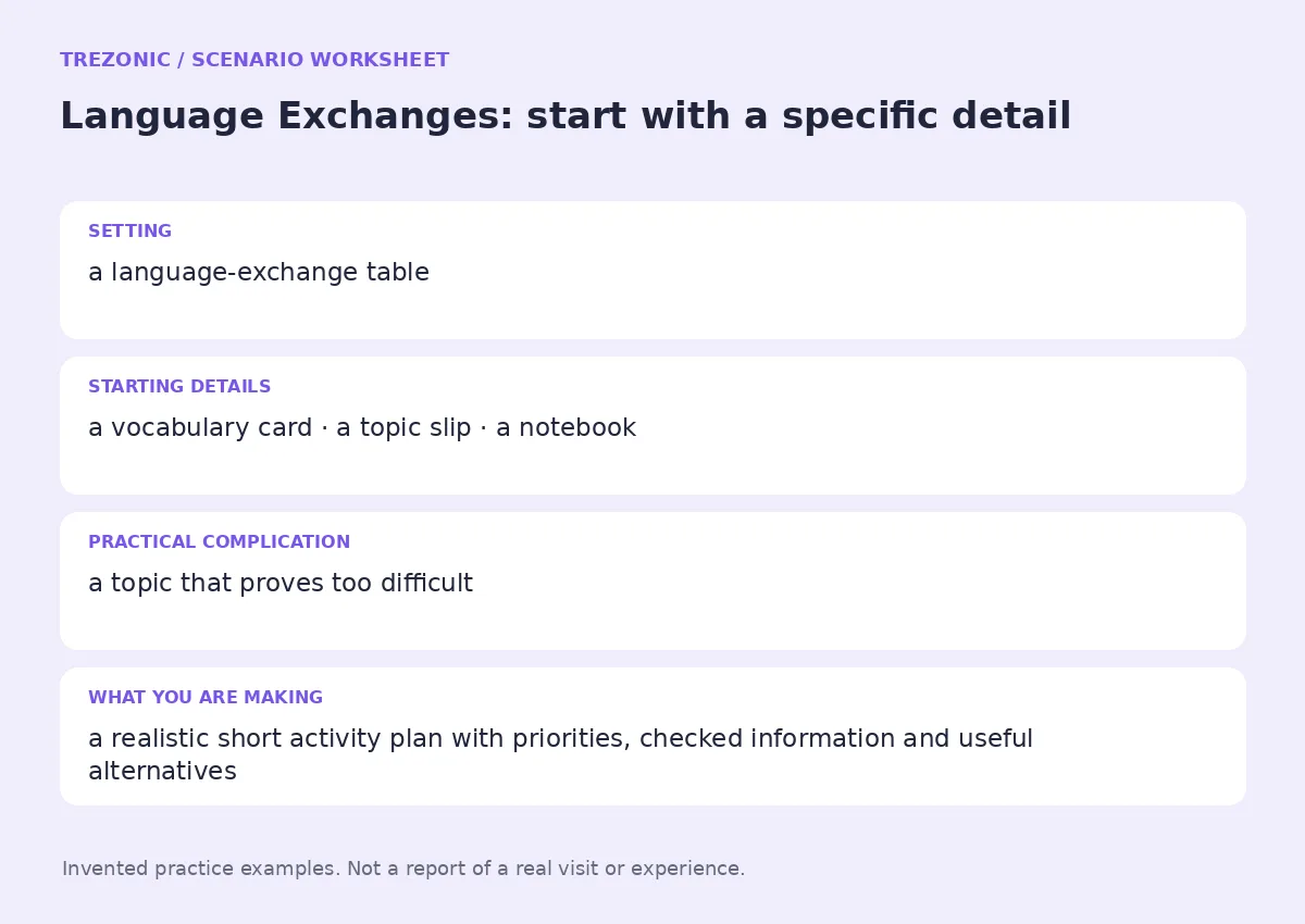 Practice worksheet for Language Exchanges: setting, starting details, complication and goal