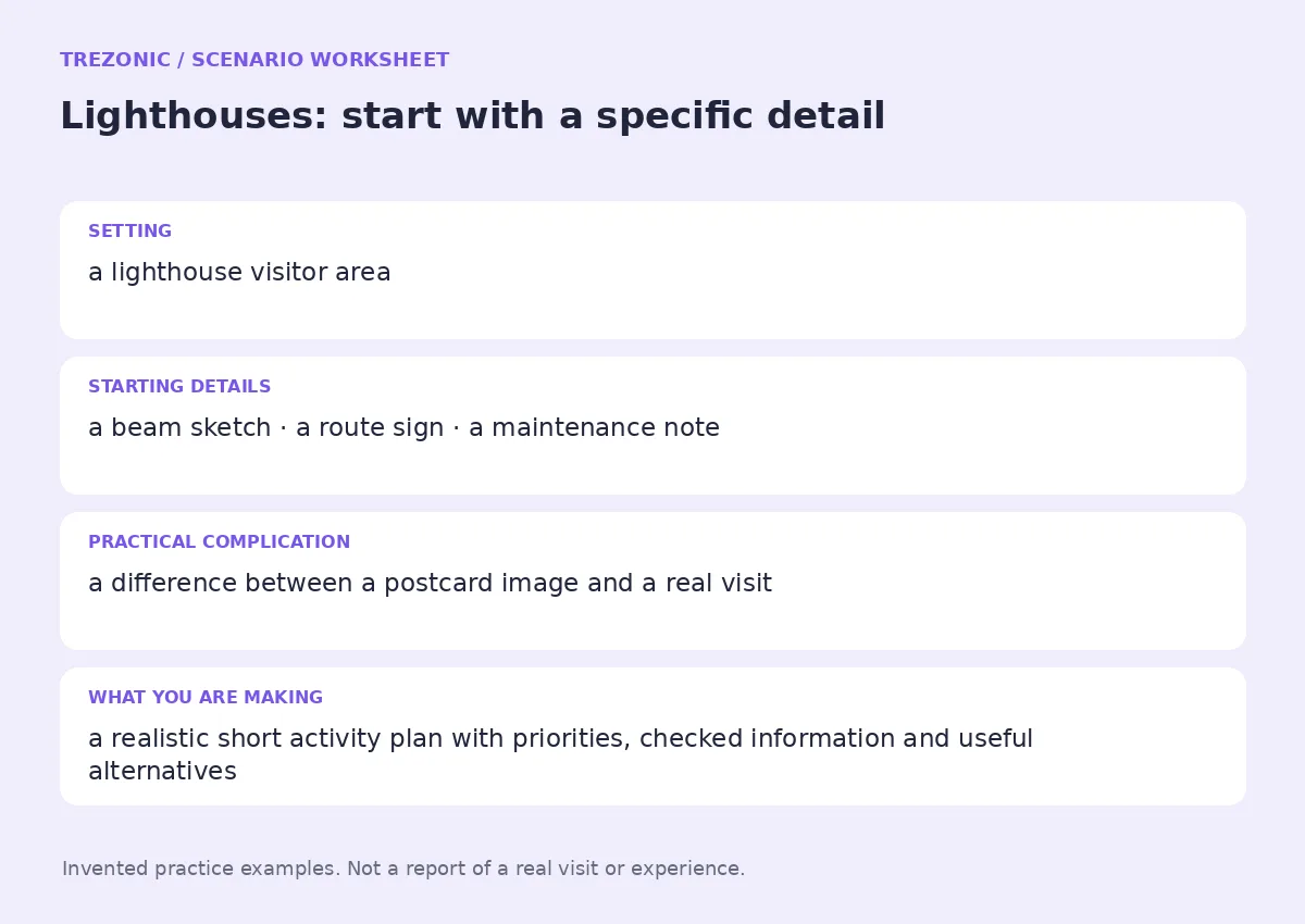 Practice worksheet for Lighthouses: setting, starting details, complication and goal