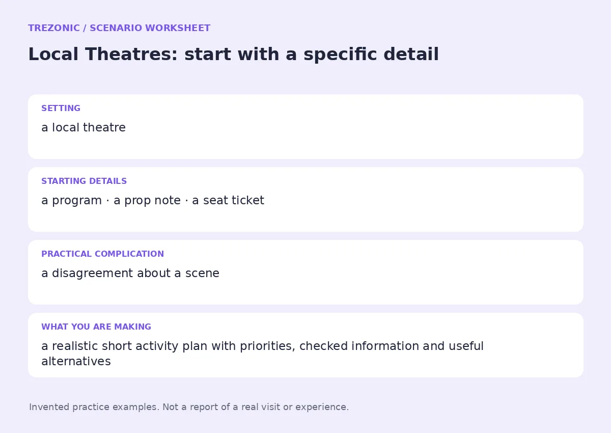 Practice worksheet for Local Theatres: setting, starting details, complication and goal