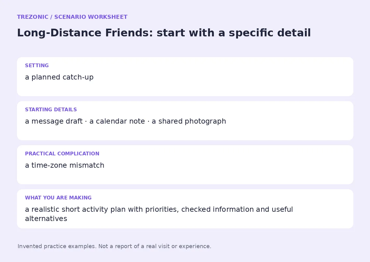 Practice worksheet for Long-Distance Friends: setting, starting details, complication and goal