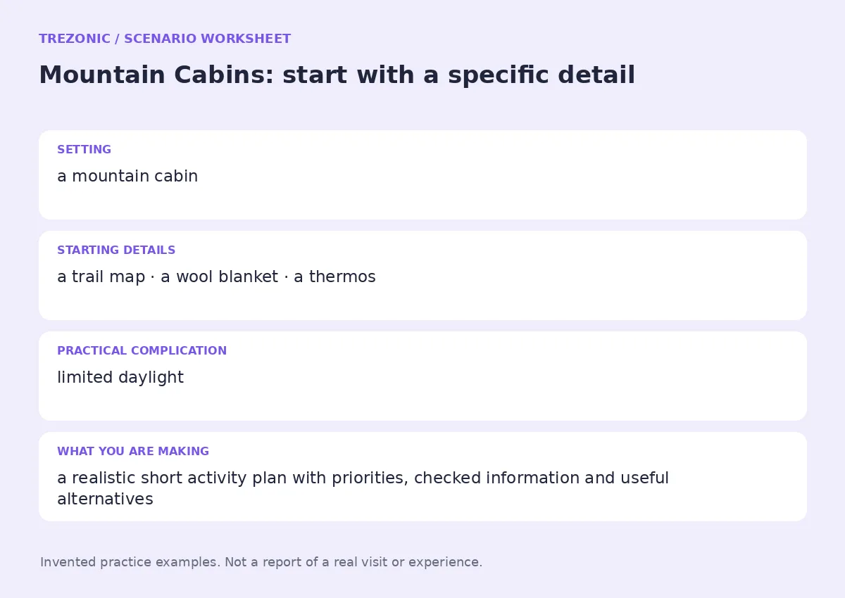 Practice worksheet for Mountain Cabins: setting, starting details, complication and goal