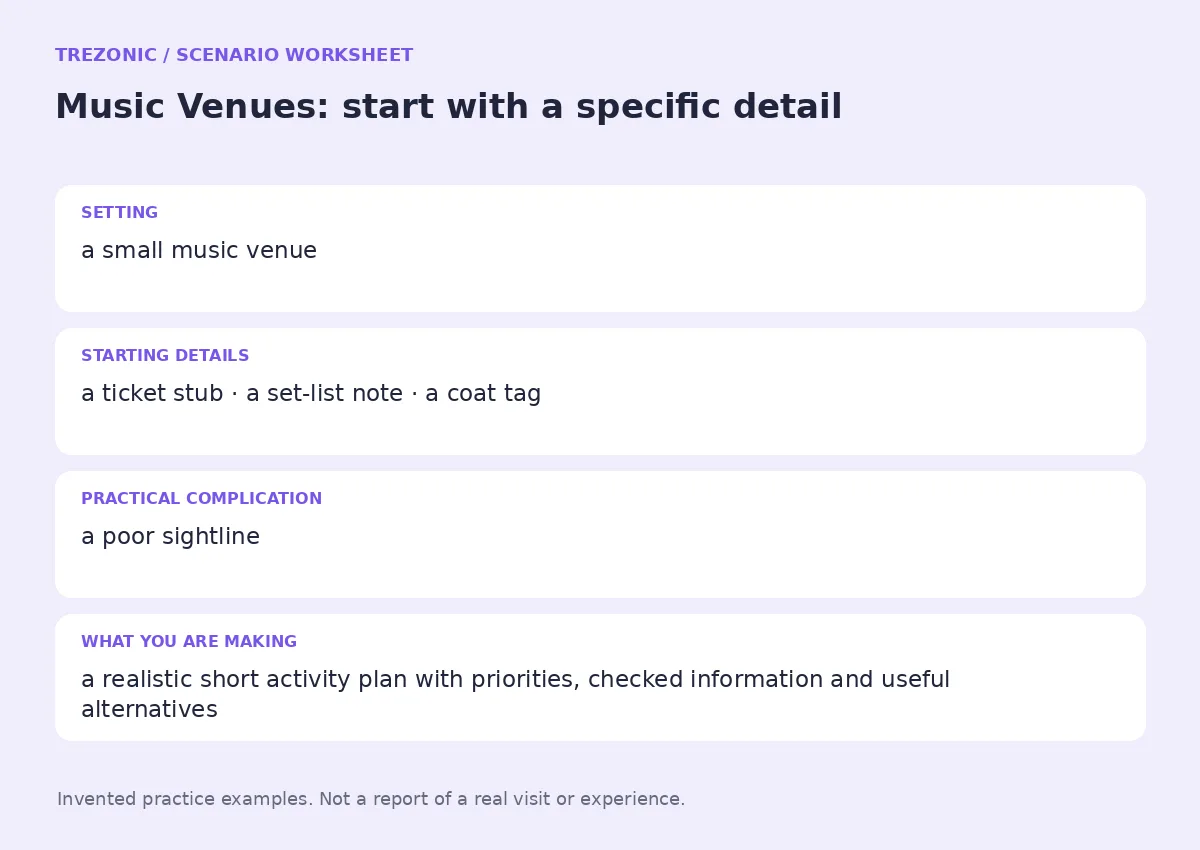 Practice worksheet for Music Venues: setting, starting details, complication and goal