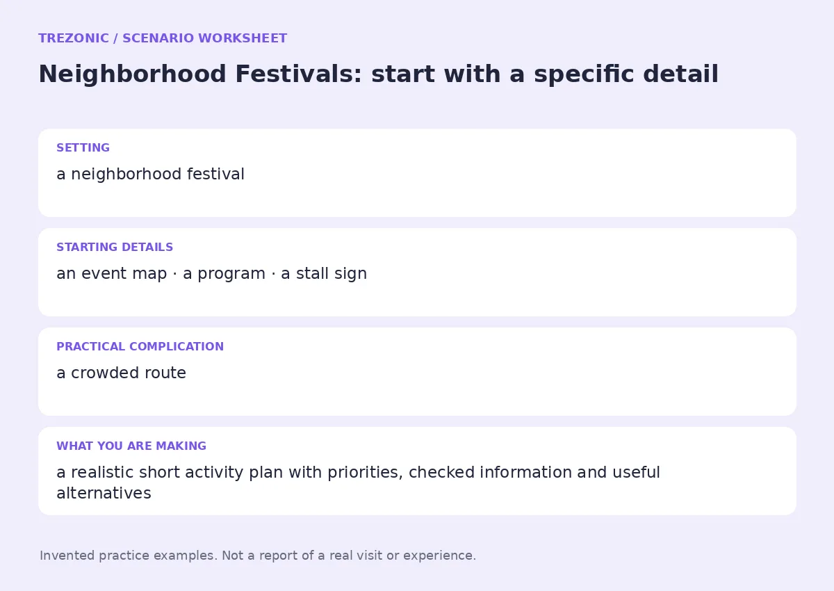 Practice worksheet for Neighborhood Festivals: setting, starting details, complication and goal