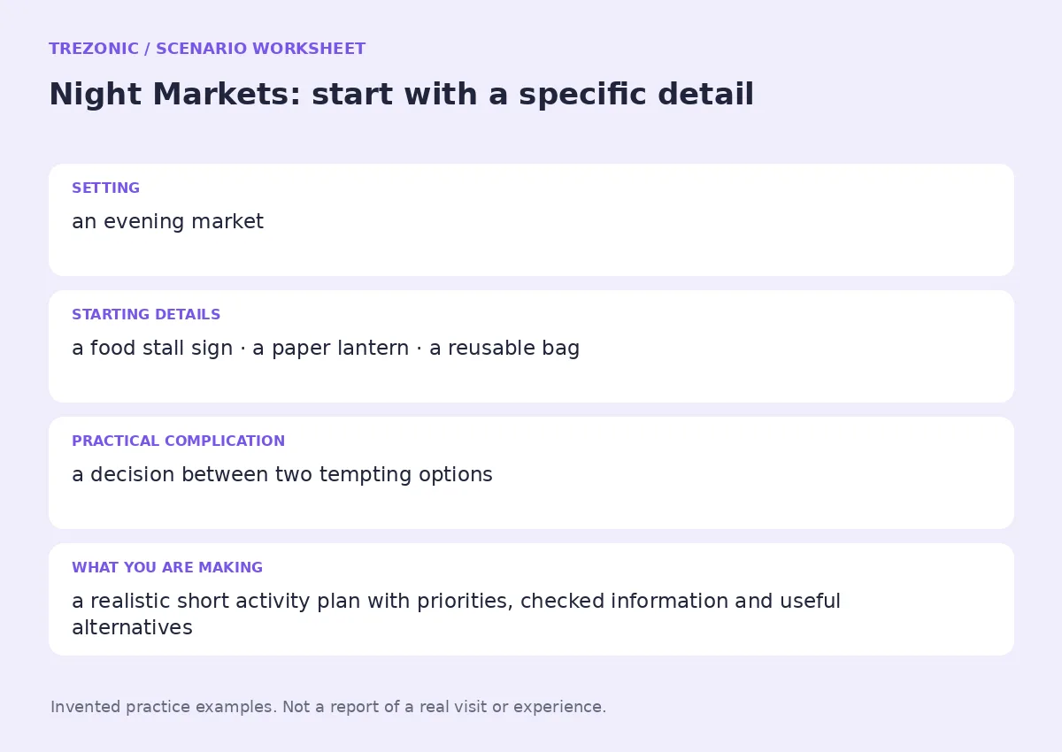 Practice worksheet for Night Markets: setting, starting details, complication and goal