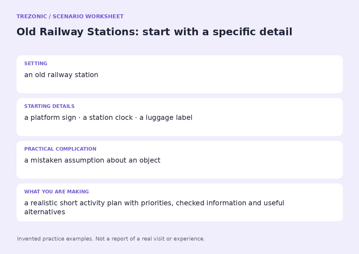Practice worksheet for Old Railway Stations: setting, starting details, complication and goal
