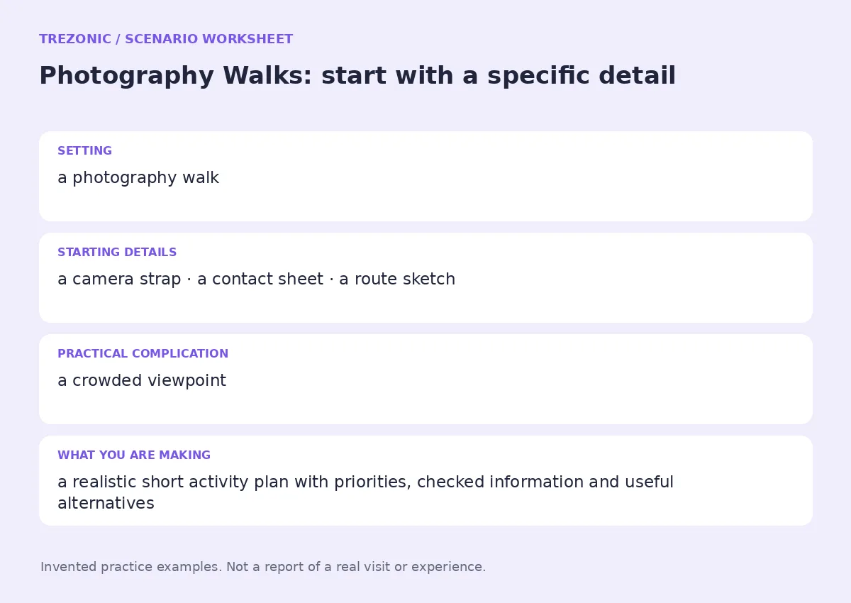 Practice worksheet for Photography Walks: setting, starting details, complication and goal