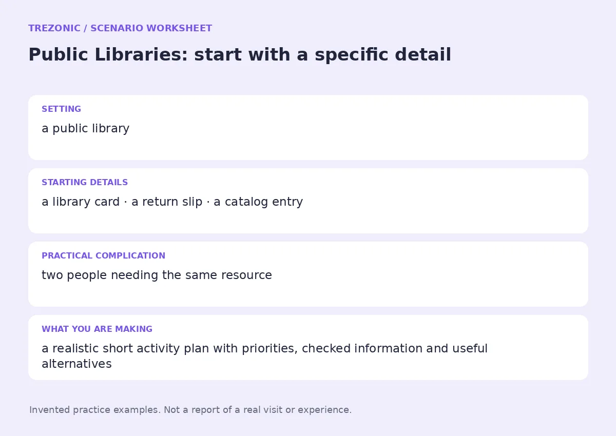 Practice worksheet for Public Libraries: setting, starting details, complication and goal