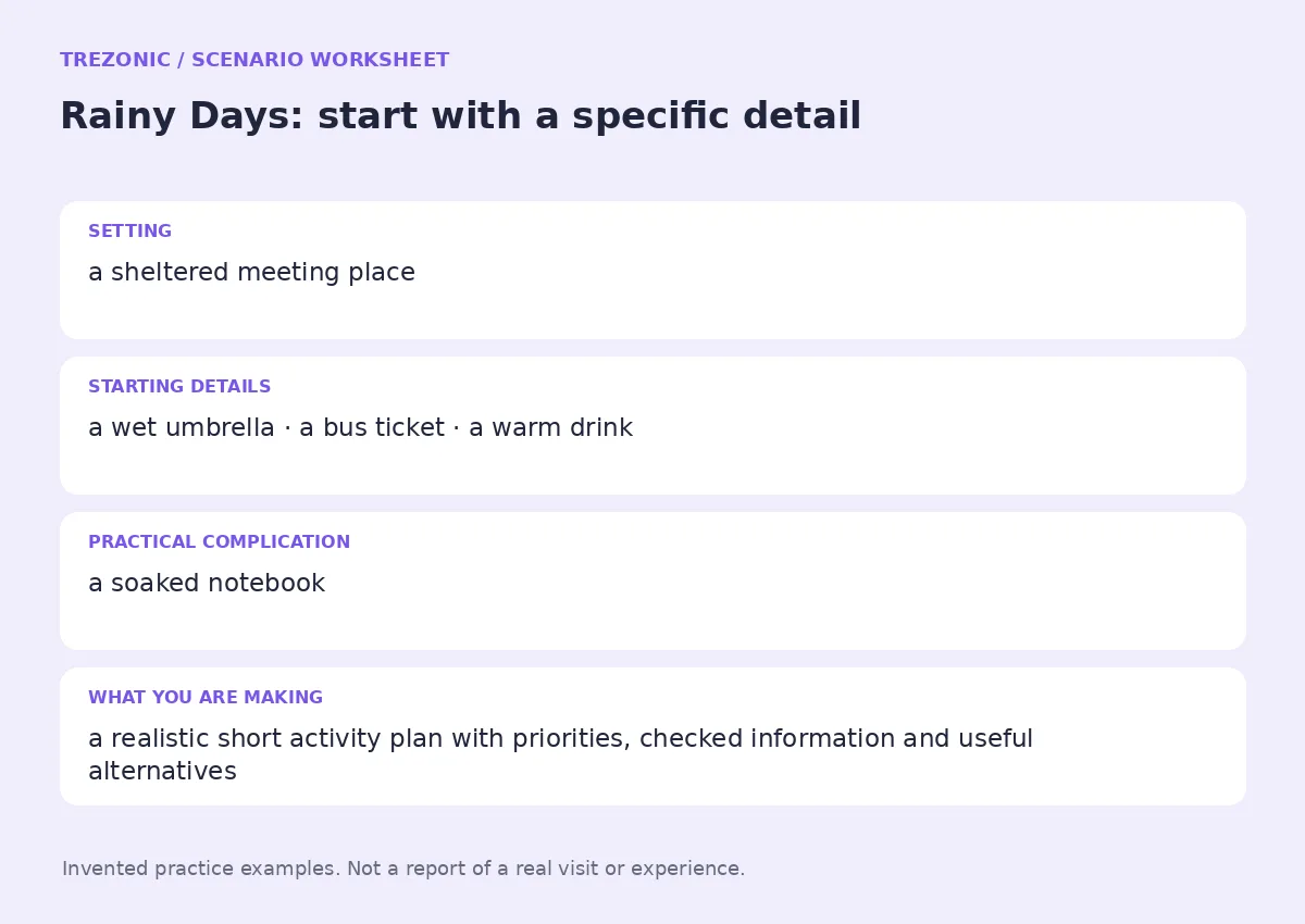 Practice worksheet for Rainy Days: setting, starting details, complication and goal