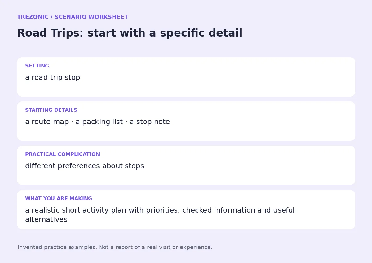 Practice worksheet for Road Trips: setting, starting details, complication and goal
