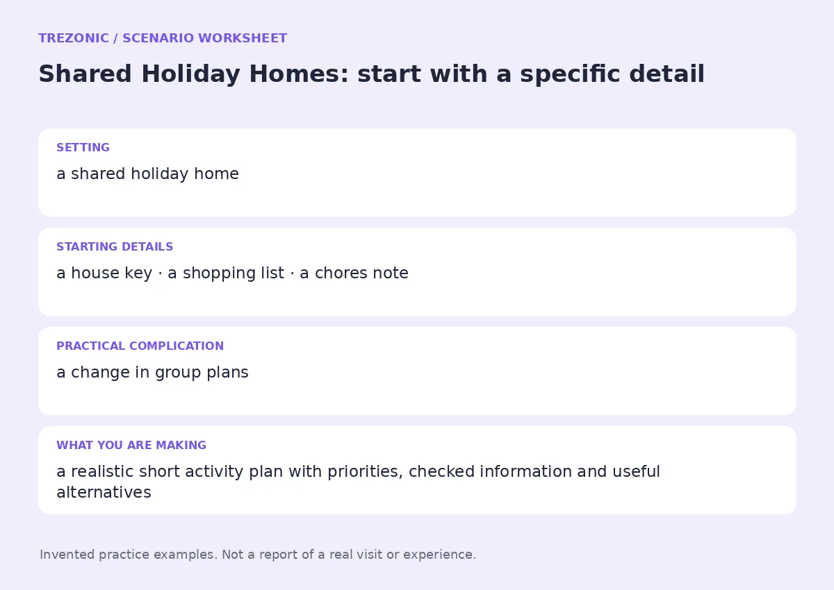 Practice worksheet for Shared Holiday Homes: setting, starting details, complication and goal