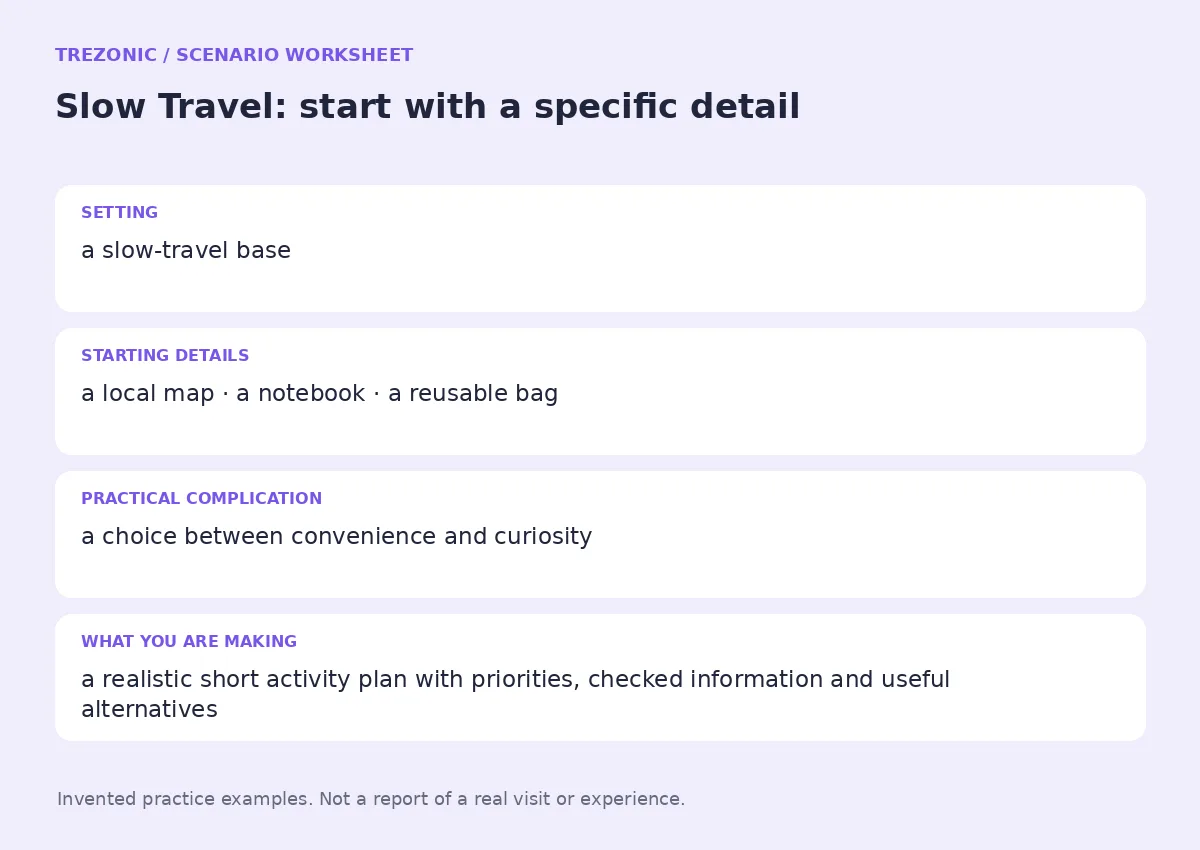 Practice worksheet for Slow Travel: setting, starting details, complication and goal