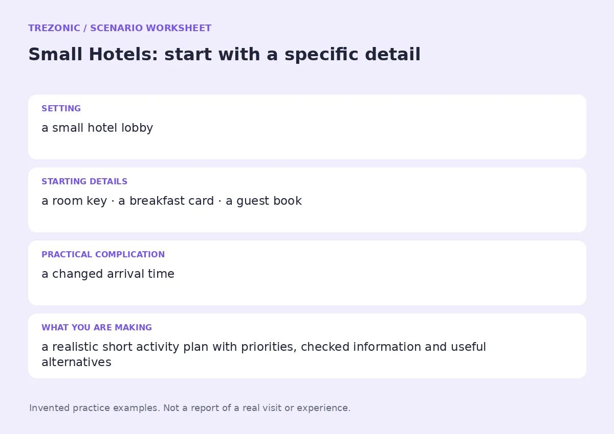 Practice worksheet for Small Hotels: setting, starting details, complication and goal