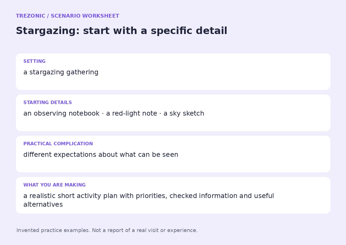 Practice worksheet for Stargazing: setting, starting details, complication and goal