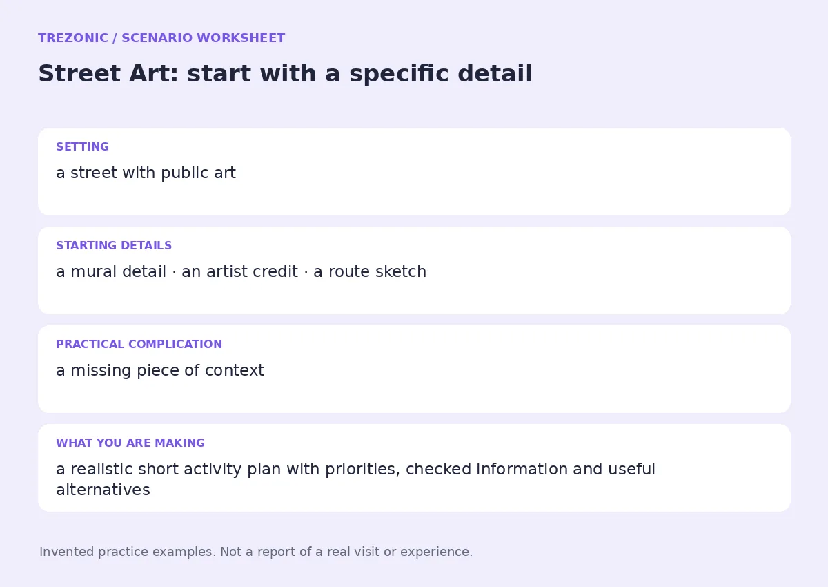 Practice worksheet for Street Art: setting, starting details, complication and goal