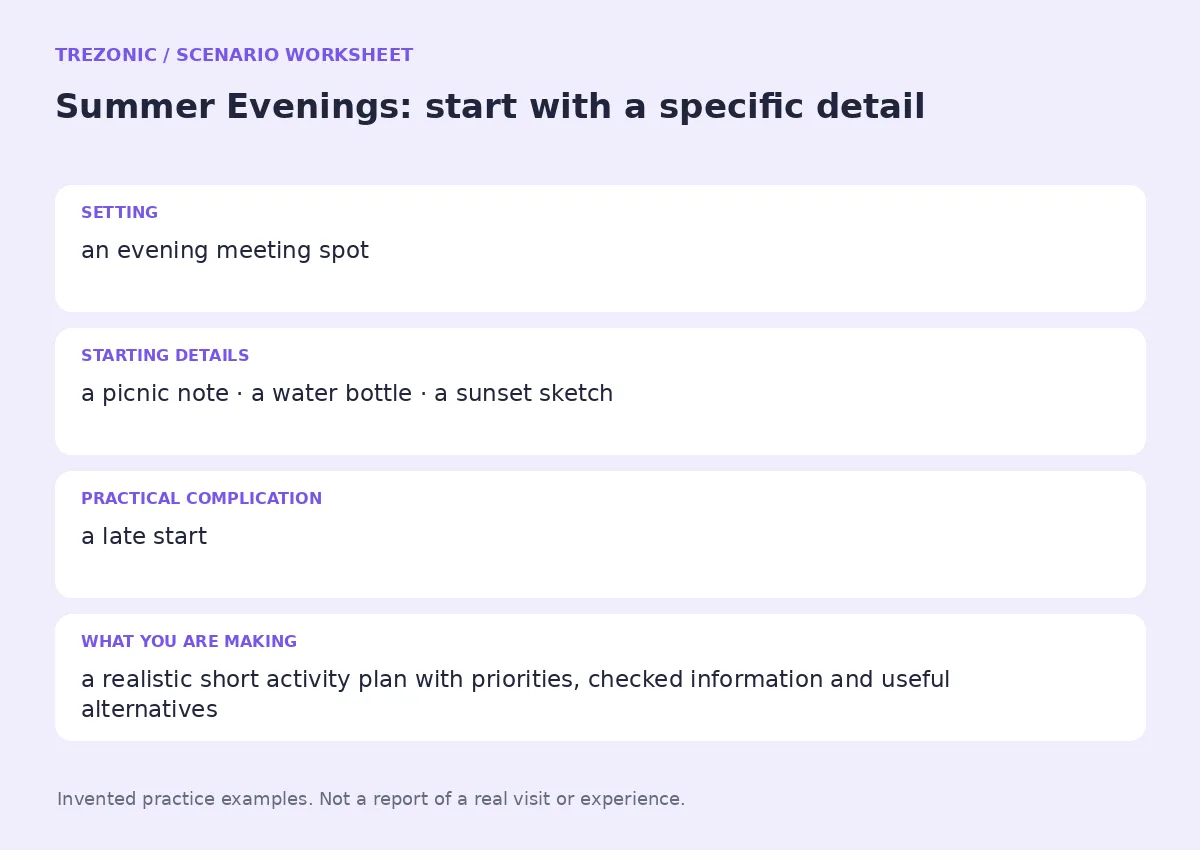 Practice worksheet for Summer Evenings: setting, starting details, complication and goal