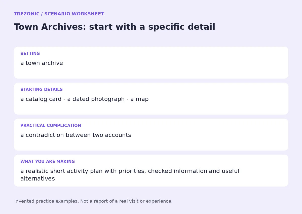 Practice worksheet for Town Archives: setting, starting details, complication and goal