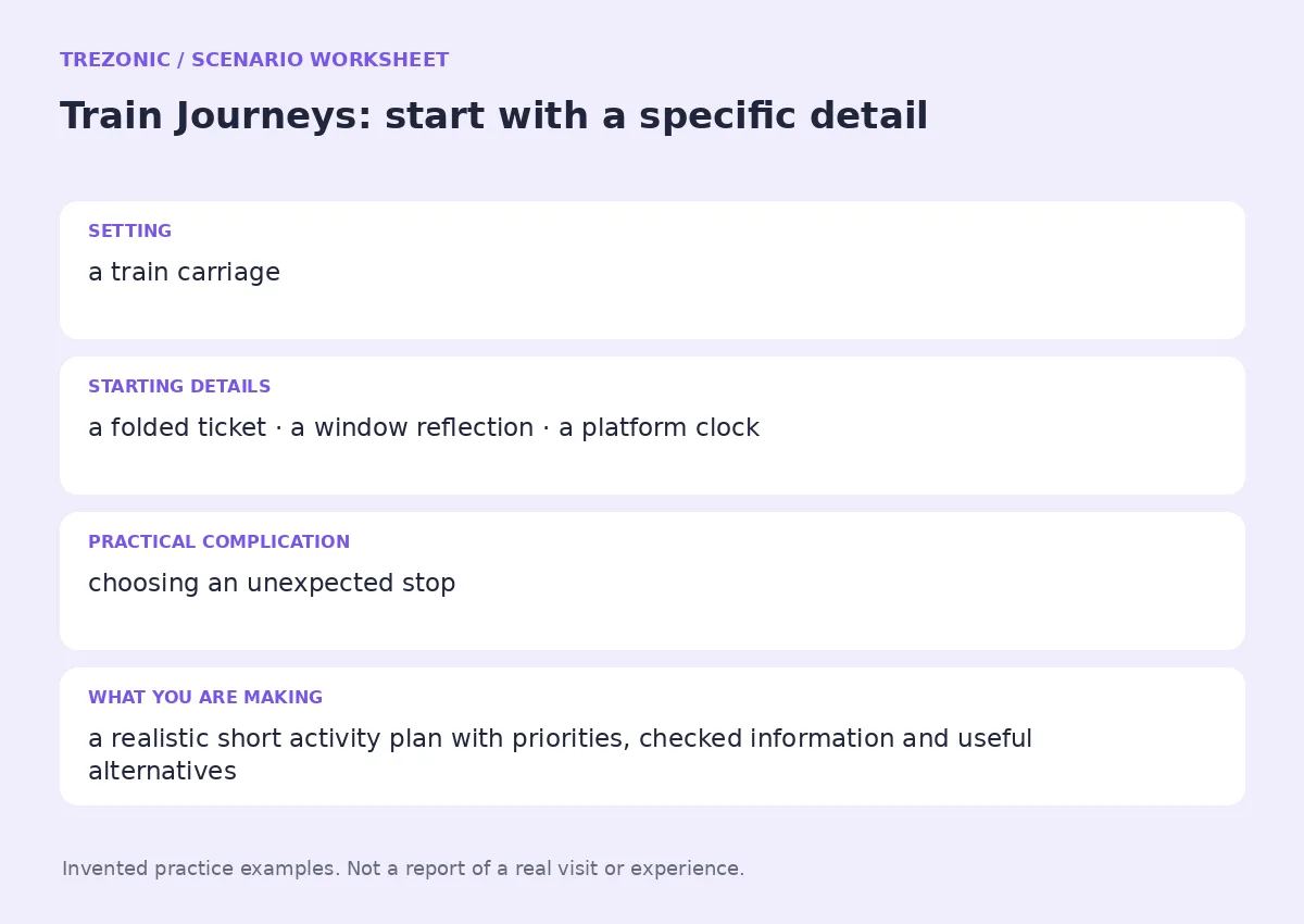 Practice worksheet for Train Journeys: setting, starting details, complication and goal