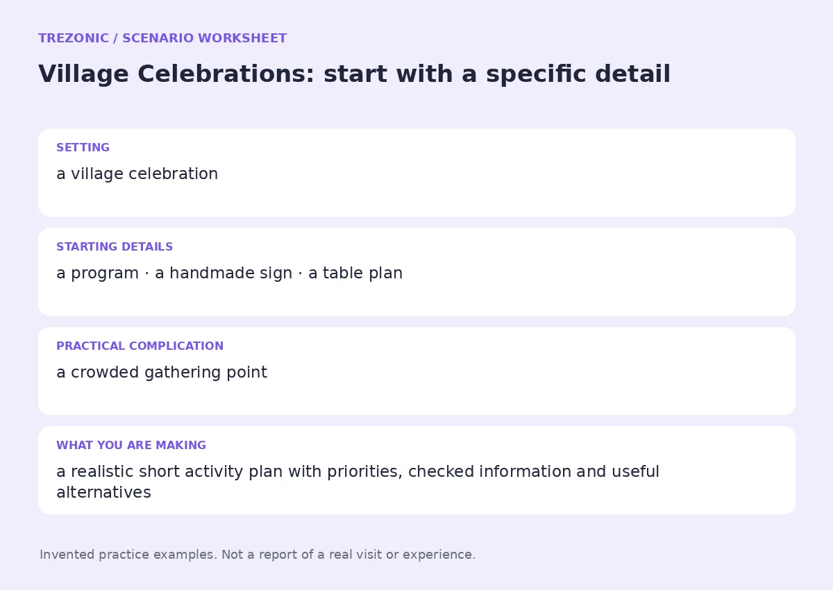 Practice worksheet for Village Celebrations: setting, starting details, complication and goal