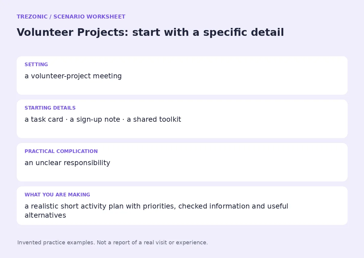 Practice worksheet for Volunteer Projects: setting, starting details, complication and goal