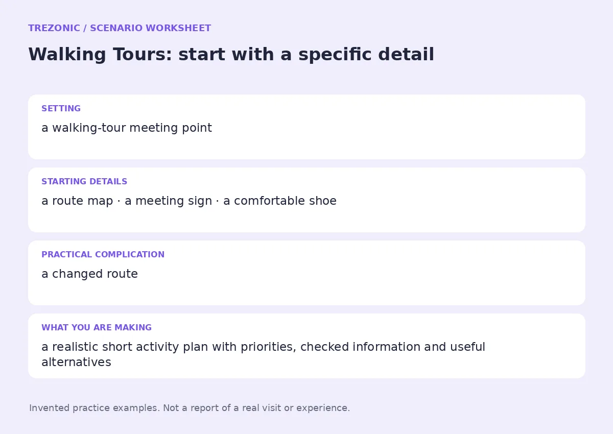Practice worksheet for Walking Tours: setting, starting details, complication and goal