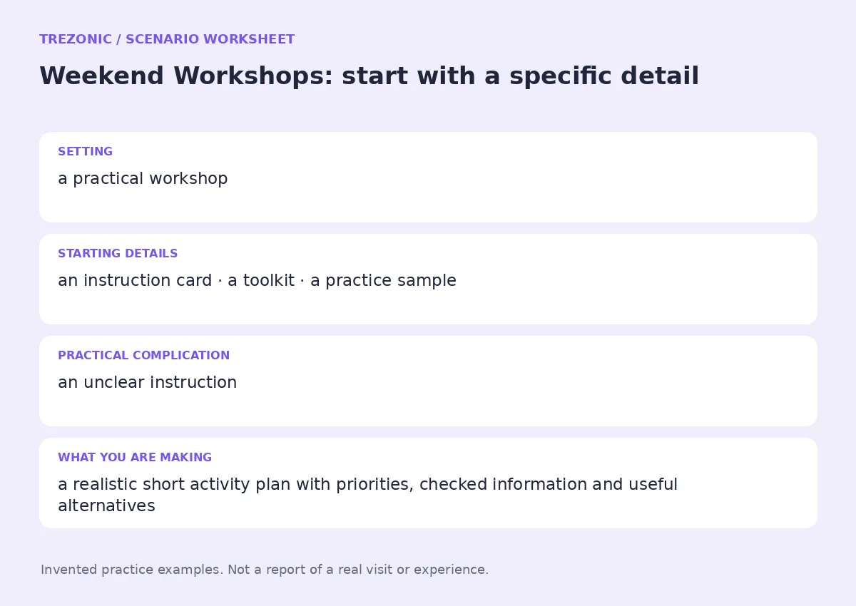Practice worksheet for Weekend Workshops: setting, starting details, complication and goal