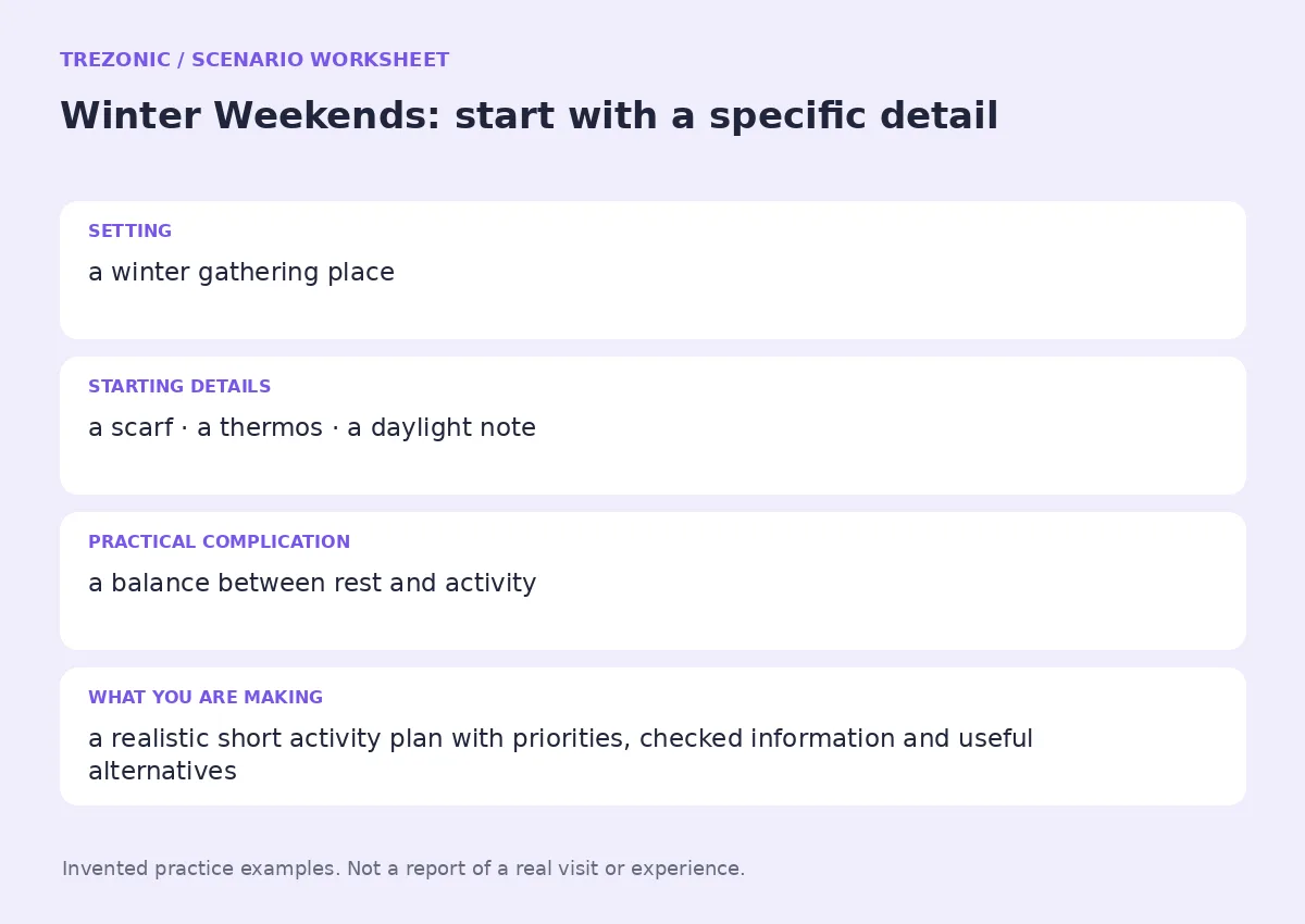 Practice worksheet for Winter Weekends: setting, starting details, complication and goal
