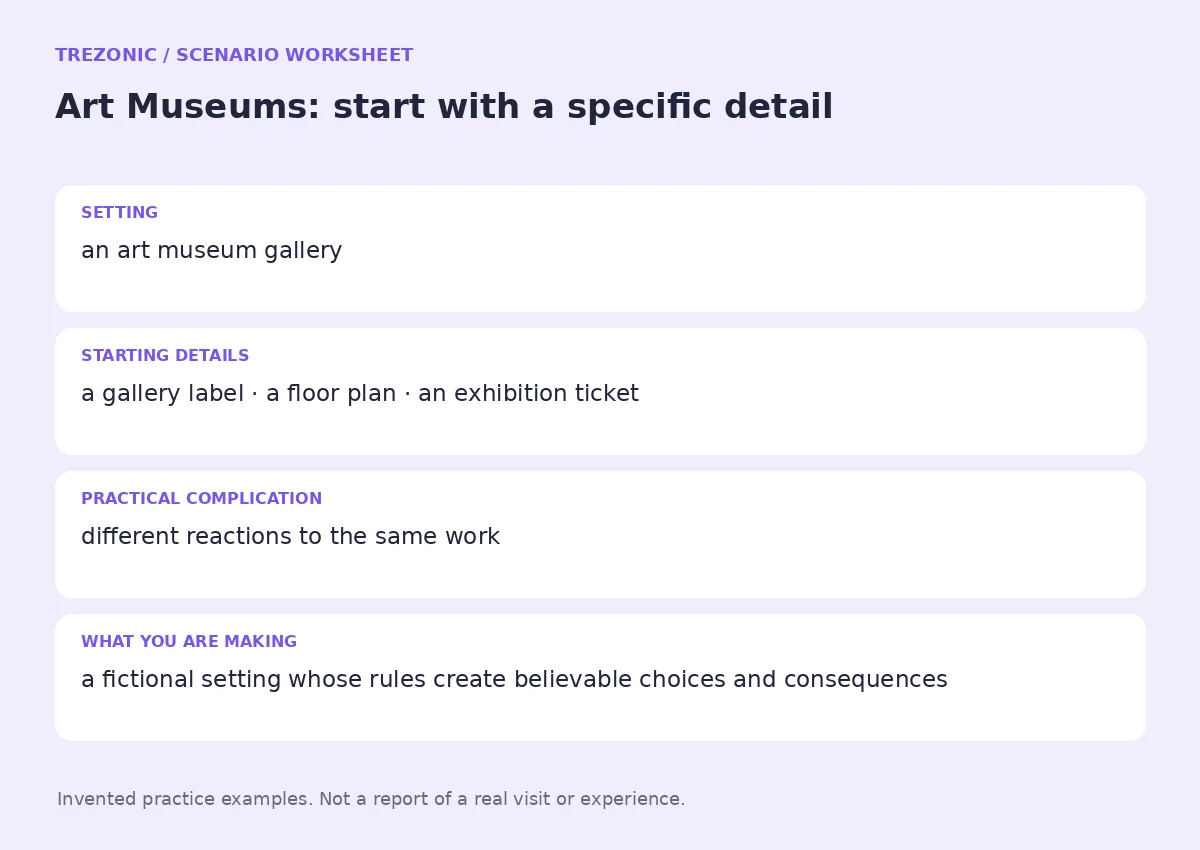 Practice worksheet for Art Museums: setting, starting details, complication and goal