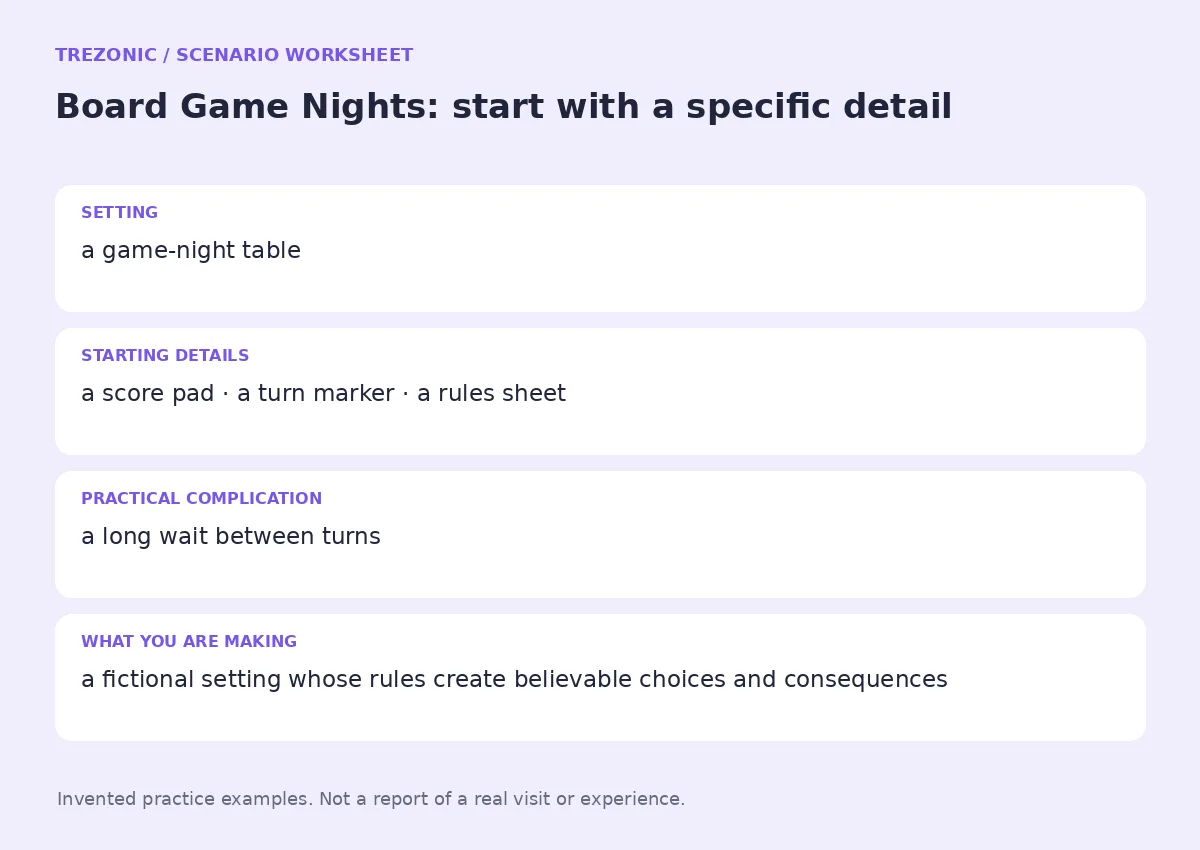 Practice worksheet for Board Game Nights: setting, starting details, complication and goal