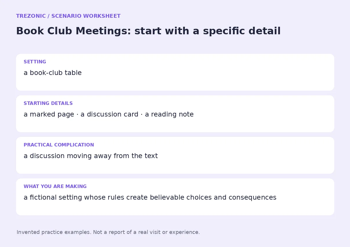 Practice worksheet for Book Club Meetings: setting, starting details, complication and goal
