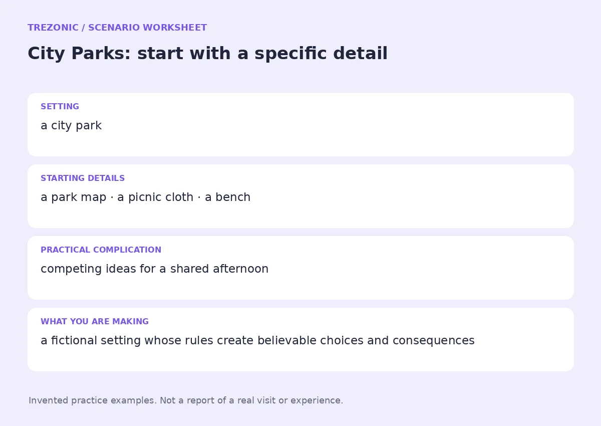 Practice worksheet for City Parks: setting, starting details, complication and goal